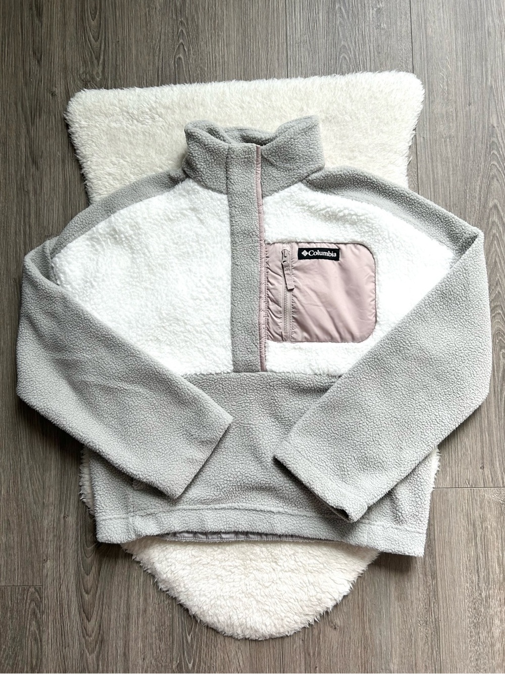 Columbia Grey and White Sherpa Half-Zip Cropped Pullover